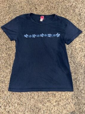 Y2K Navy Island Girl Hawaii T-Shirt with Light Blue Floral Turtle Print
